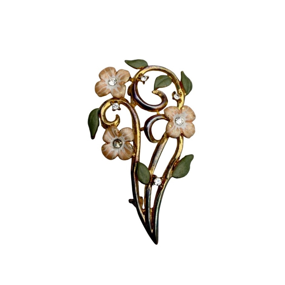 Floral Design Brooch Enamel Rhinestone Gold Tone Pin Vintage Costume Jewelry